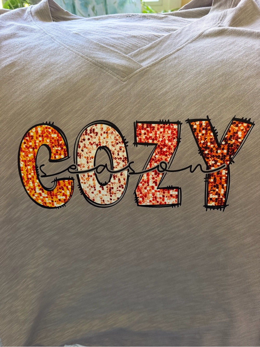Light Brown V‑Neck 'COZY' Graphic Tee with Autumn Lettering